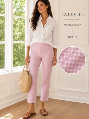 Talbots Perfect Crop Pants Size 12 Pink Gingham Stretch Ankle Pants